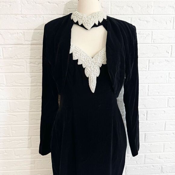 VINTAGE Dave & Johnny Black Velvet Beaded Collar Dress with Jacket Size 10 - Picture 12 of 15